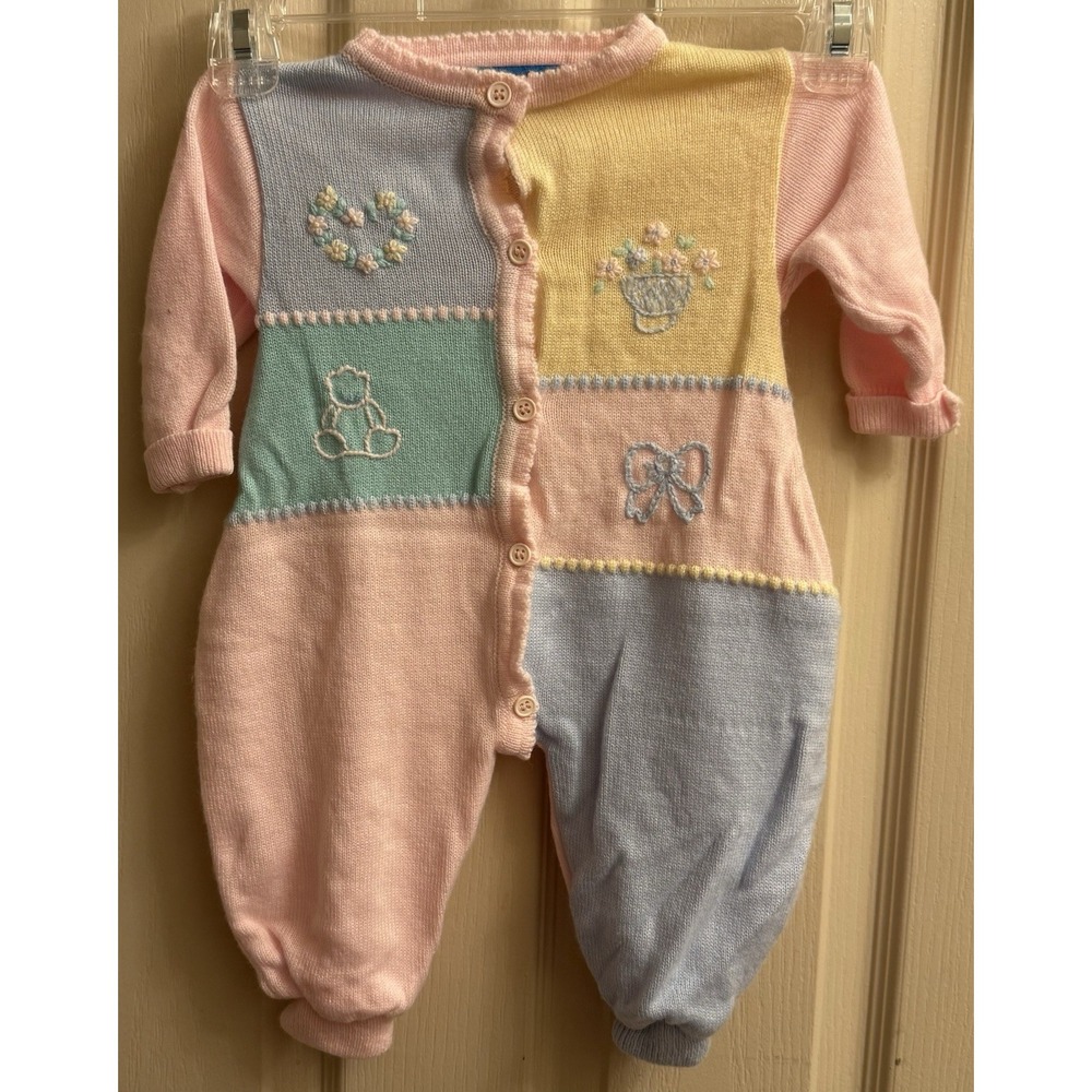 VTG‎ 90s Pastel Patchwork Knitted Baby Romper Embroidered 3/6M Baby Superstore